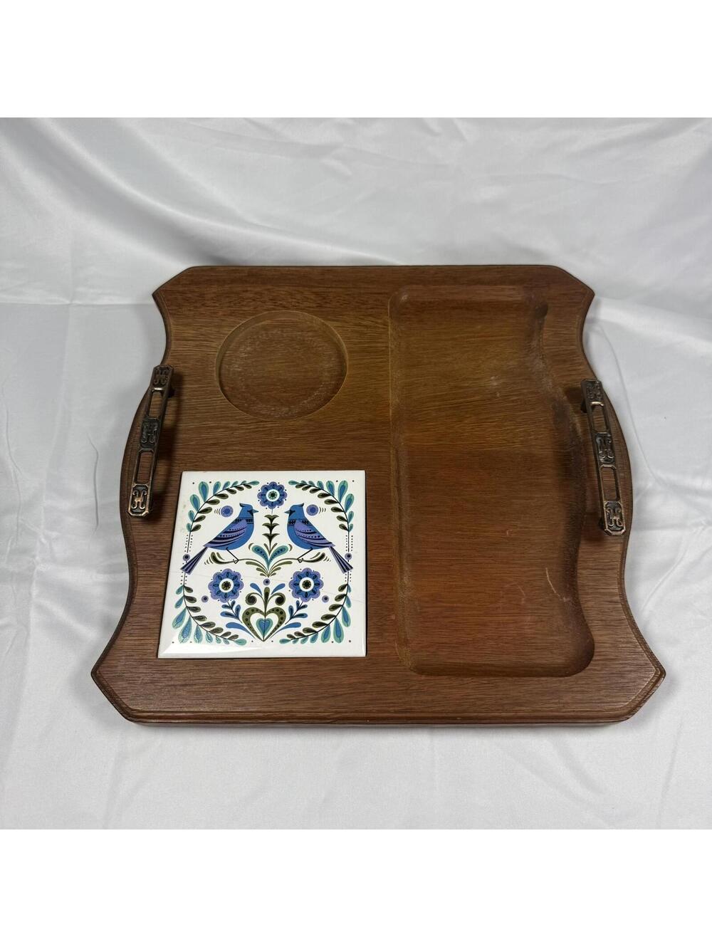Vintage 1960s MCM Wood Ceramic Tile Cheese Tray Brass Handles Folk Art Birds
